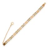 AN ANTIQUE PEARL AND ENAMEL BRACELET in yellow gold, formed of rectangular links set with pearls and