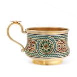 AN ANTIQUE IMPERIAL RUSSIAN ENAMEL TEA GLASS HOLDER, MOSCOW 1872 in 84 zolotnik silver, the body