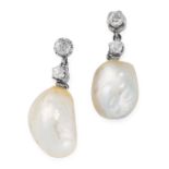 A PAIR OF PEARL AND DIAMOND EARRINGS in 18ct white gold, each set with a pearl of 16.4mm and 13.5mm,