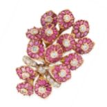A BURMA NO HEAT RUBY AND DIAMOND BROOCH in high carat yellow gold, comprising fourteen clusters of