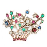 A RUBY, EMERALD, SAPPHIRE, PEARL AND DIAMOND GIARDINETTO BROOCH designed as a basket of flowers,