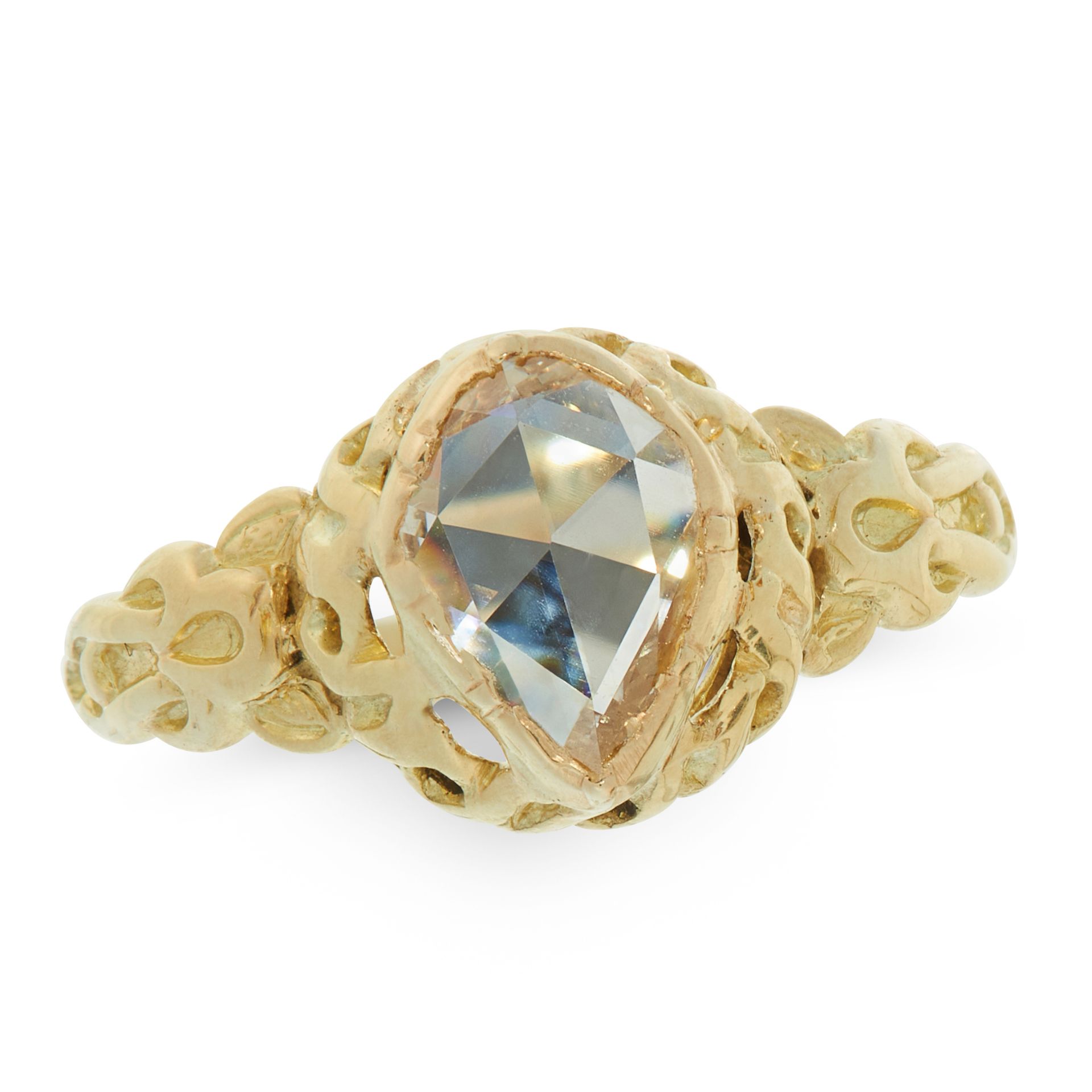 AN ANTIQUE SOLITAIRE DIAMOND DRESS RING in yellow gold, set with a pear shaped rose cut diamond of