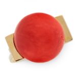 A CORAL DRESS RING in high carat yellow gold, set with a polished coral bead of 18.3mm, marked