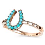 AN ANTIQUE TURQUOISE AND DIAMOND HORSESHOE BANGLE in yellow gold, comprising of a central
