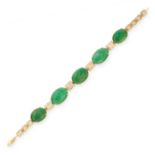 A VINTAGE JADEITE JADE BRACELET in 18ct yellow gold, set with a row of five oval cabochon jade