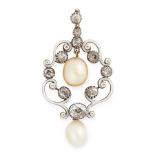 AN ANTIQUE NATURAL PEARL, DIAMOND AND ENAMEL PENDANT in yellow gold and silver, set with two