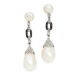 A PAIR OF ART DECO NATURAL PEARL, ENAMEL AND DIAMOND EARRINGS each set with a drop shaped pearl