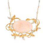 A CORAL, DIAMOND AND PEARL PENDANT AND CHAIN in 18ct yellow gold, set with a central cabochon