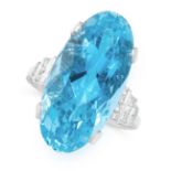 AN AQUAMARINE AND DIAMOND RING set with an oval cut aquamarine of 12.50 carats with round cut