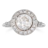 A DIAMOND DRESS RING set with a central round cut diamond of 1.32 carats in a halo of round cut