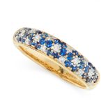 A SAPPHIRE AND DIAMOND DRESS RING in 18ct yellow gold, pave set with clusters of round cut