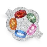 A MULTI COLOUR SAPPHIRE AND DIAMOND RING, WASKOLL in 18ct white gold, comprising of a cluster of