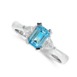 AN AQUAMARINE AND DIAMOND RING set with a step cut aquamarine of 0.75 carats between two trillion