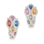 A PAIR OF MULTI COLOUR SAPPHIRE AND DIAMOND EARRINGS, WASKOLL in 18ct white gold, in half hoop