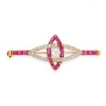 AN ART DECO DIAMOND AND RUBY BROOCH, EARLY 20TH CENTURY in yellow gold, set with a central old cut