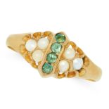 AN EMERALD AND PEARL RING, 1924 in 15ct yellow gold, set with a row of four step cut emeralds,