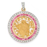 AN ANTIQUE RUBY AND DIAMOND PENDANT, EARLY 20TH CENTURY of circular design, with a central shield