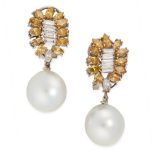 A PAIR OF YELLOW DIAMOND, DIAMOND AND PEARL DAY AND NIGHT EARRINGS each set with four baguette cut