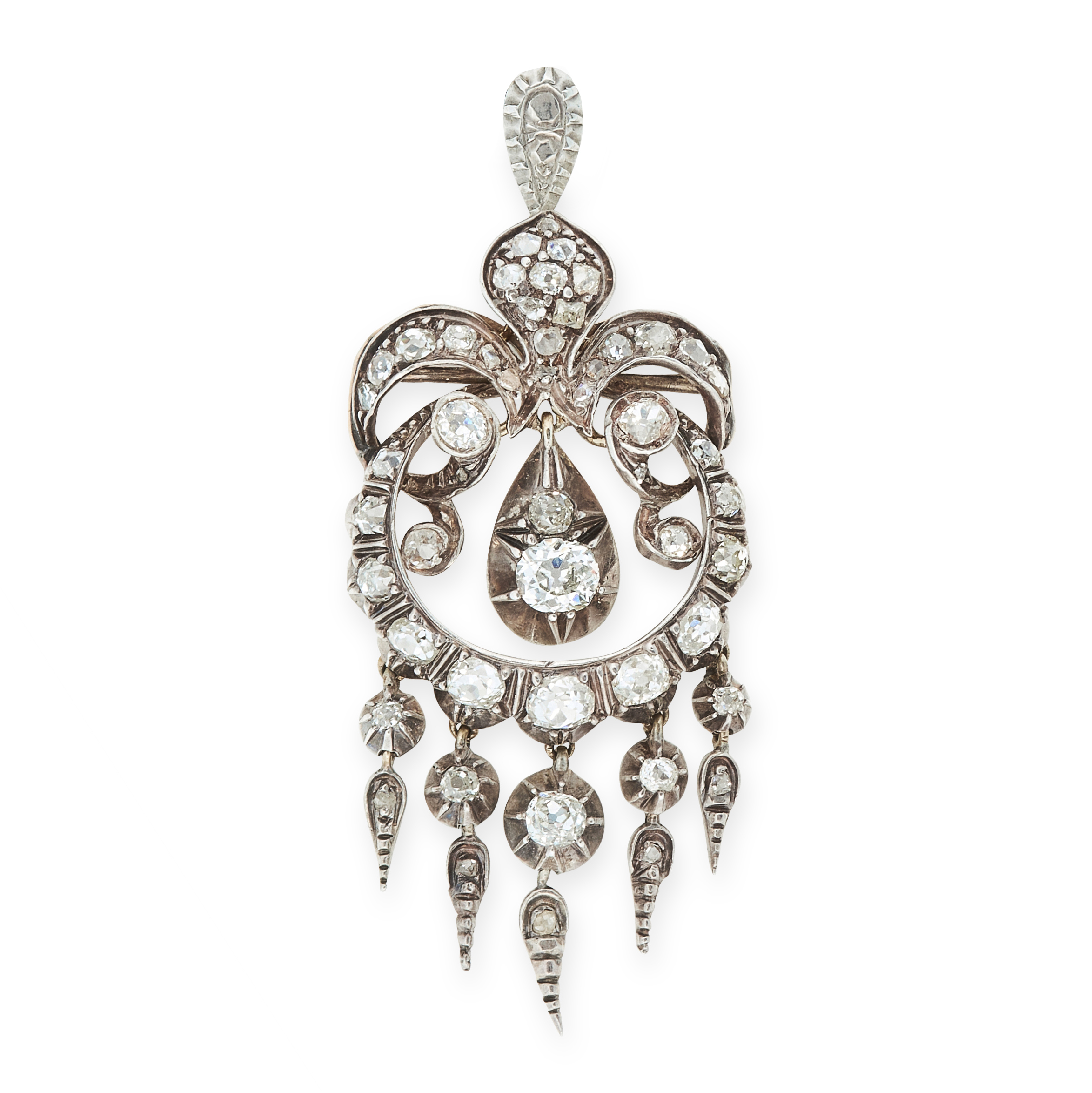 AN ANTIQUE DIAMOND PENDANT, 19TH CENTURY in yellow gold and silver, the scrolling circular body