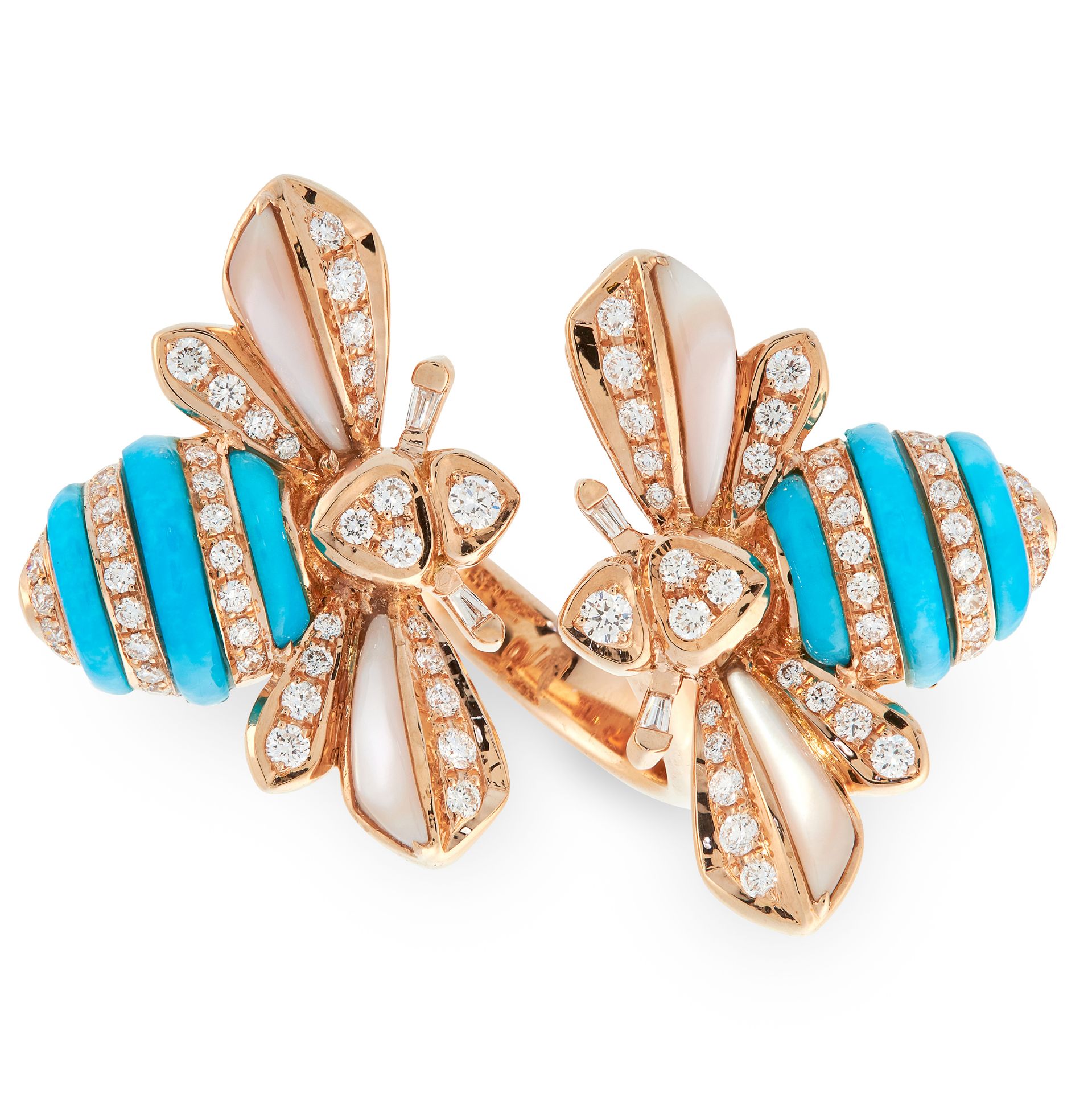 A TURQUOISE, MOTHER OF PEARL AND DIAMOND BEE RING in 18ct rose gold, the open band terminated with