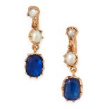 A PAIR OF ANTIQUE SAPPHIRE AND PEARL DROP EARRINGS in yellow gold, each set with a cushion cut