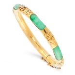 AN ANTIQUE CHINESE JADEITE JADE BANGLE in high carat yellow gold, the body set with six polished