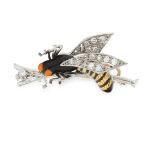 A DIAMOND AND ENAMEL WASP BROOCH in 18ct white gold, designed as a wasp, the body decorated with