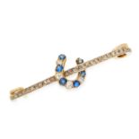 AN ANTIQUE SAPPHIRE AND DIAMOND HORSESHOE BROOCH in yellow gold and silver, designed as a