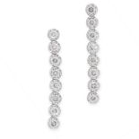 A PAIR OF DIAMOND DROP EARRINGS in 18ct white gold, each designed as a row of eight round cut