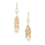 A PAIR OF MOONSTONE DROP EARRINGS each comprising of a cabochon moonstone suspending a cluster of