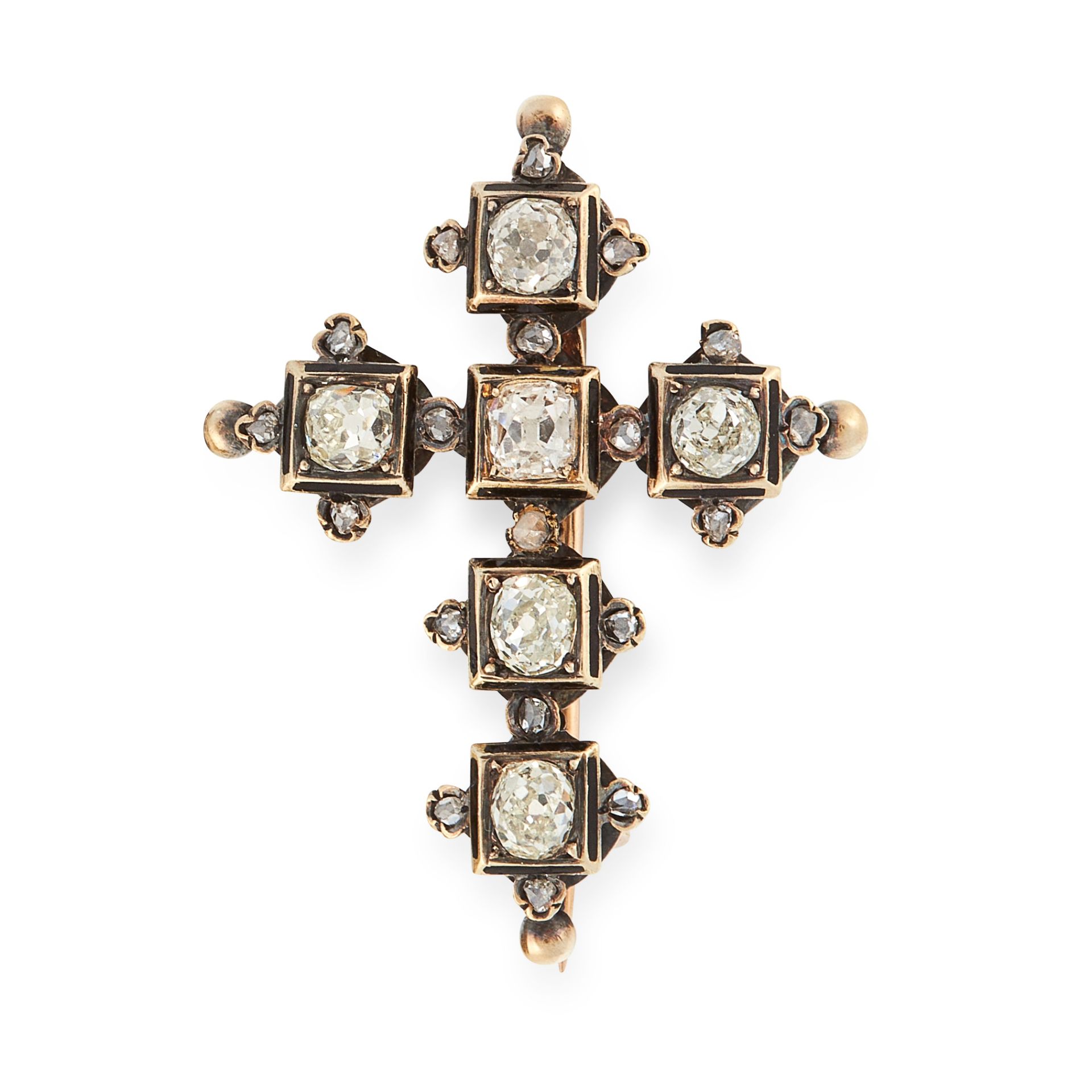 AN ANTIQUE DIAMOND AND ENAMEL CROSS BROOCH / PENDANT, 19TH CENTURY in yellow gold and silver,