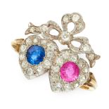 A SAPPHIRE, RUBY AND DIAMOND SWEETHEART RING in 18ct yellow gold, set with a round cut sapphire of