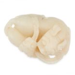 A CHINESE CARVED WHITE JADEITE JADE CHILONG ORNAMENT / STATUE designed as two intertwining chilongs,