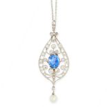 A CEYLON NO HEAT SAPPHIRE, PEARL AND DIAMOND PENDANT, EARLY 20TH CENTURY in 18ct white gold, the