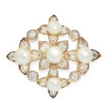 AN ANTIQUE PEARL AND DIAMOND BROOCH set with five pearls ranging 5.1mm to 4.3mm, within floral