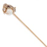 A PEARL AND DIAMOND TIE / STICK PIN, TIFFANY & CO in yellow gold, the pin terminated with a pearl of