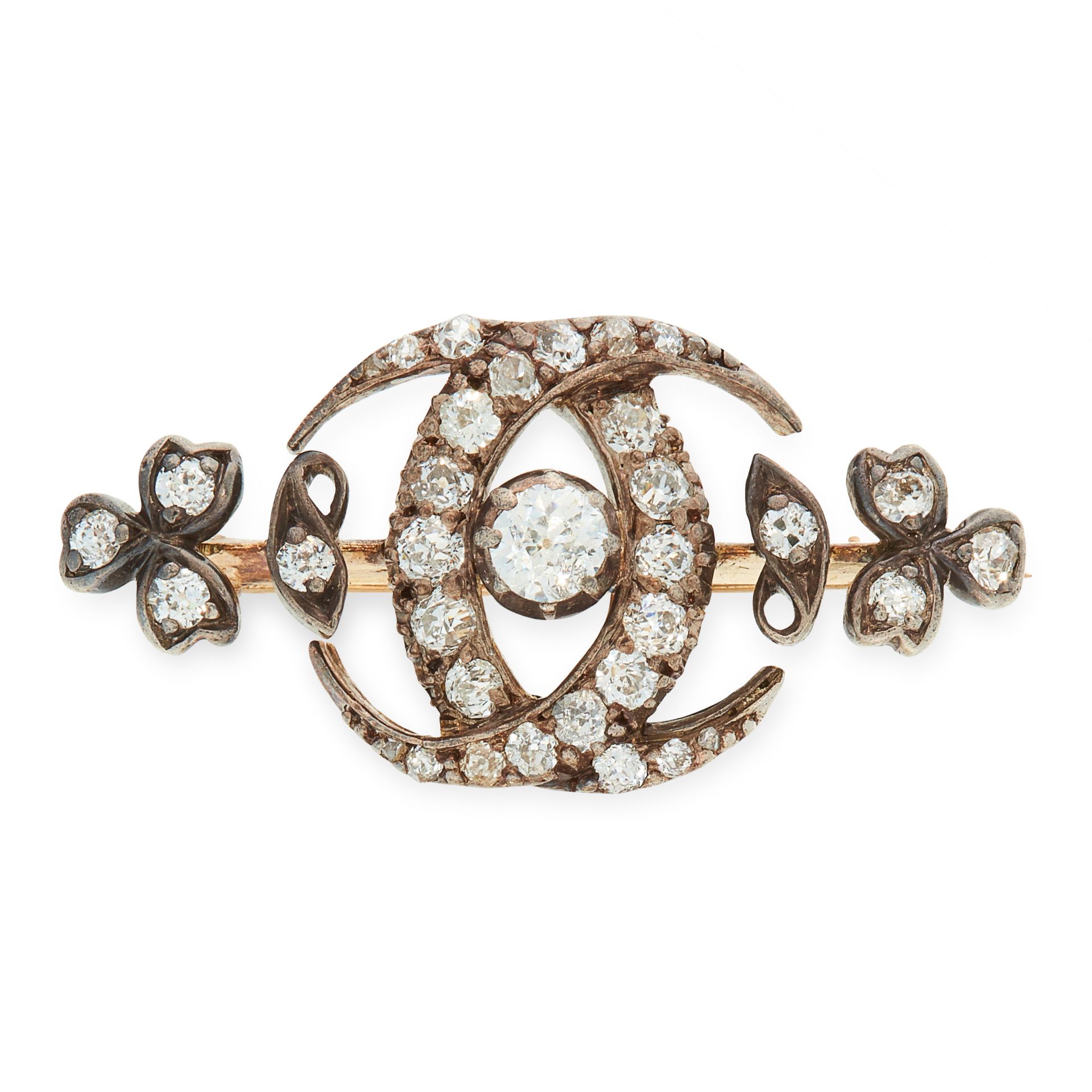 AN ANTIQUE DIAMOND CRESCENT MOON BROOCH, 19TH CENTURY in yellow gold and silver, designed as two