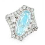 AN AQUAMARINE AND DIAMOND DRESS RING set with an oval cut aquamarine of 3.18 carats flanked by two