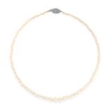 A PEARL AND DIAMOND NECKLACE comprising of a single row of pearls ranging from 3.3mm - 7.7mm in