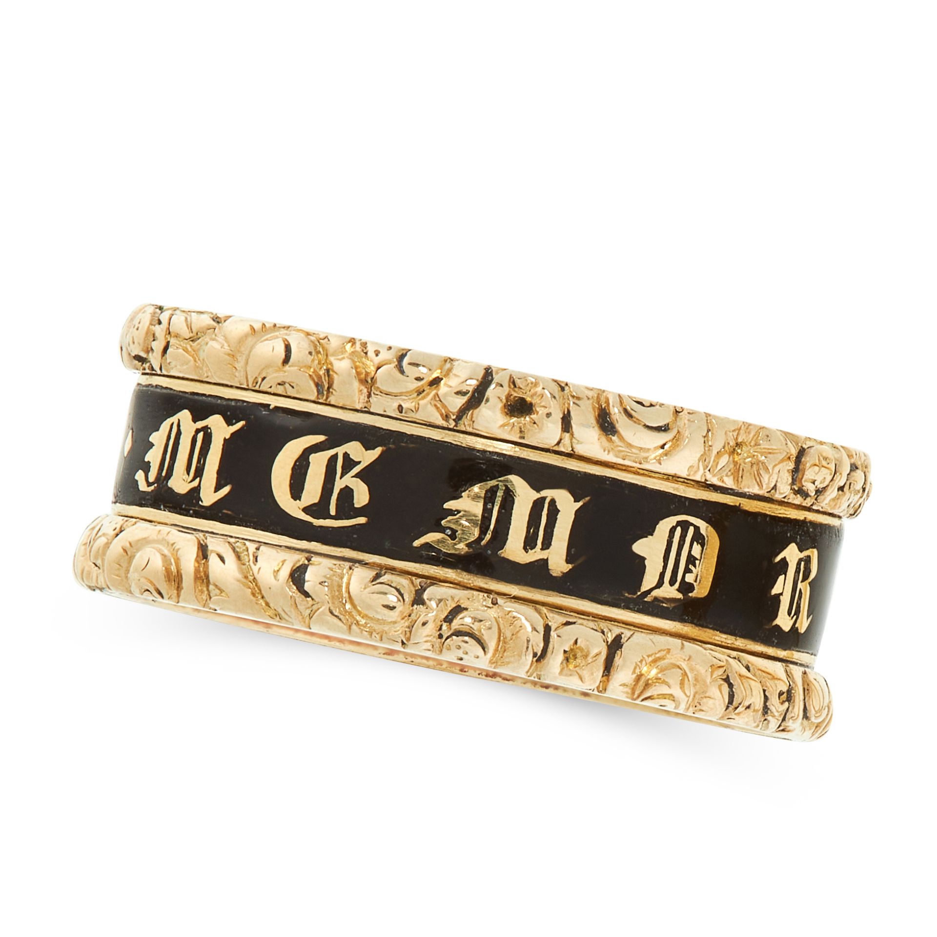 AN ANTIQUE ENAMEL MOURNING RING, 1823 in high carat yellow gold, the band with a central panel of