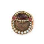 AN ANTIQUE GARNET, PEARL AND HAIRWORK MOURNING LOCKET NECKLACE CLASP, 19TH CENTURY in yellow gold,