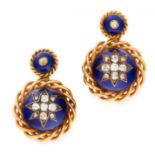 A PAIR OF ANTIQUE DIAMOND AND ENAMEL EARRINGS, 19TH CENTURY in yellow gold, each of circular design,