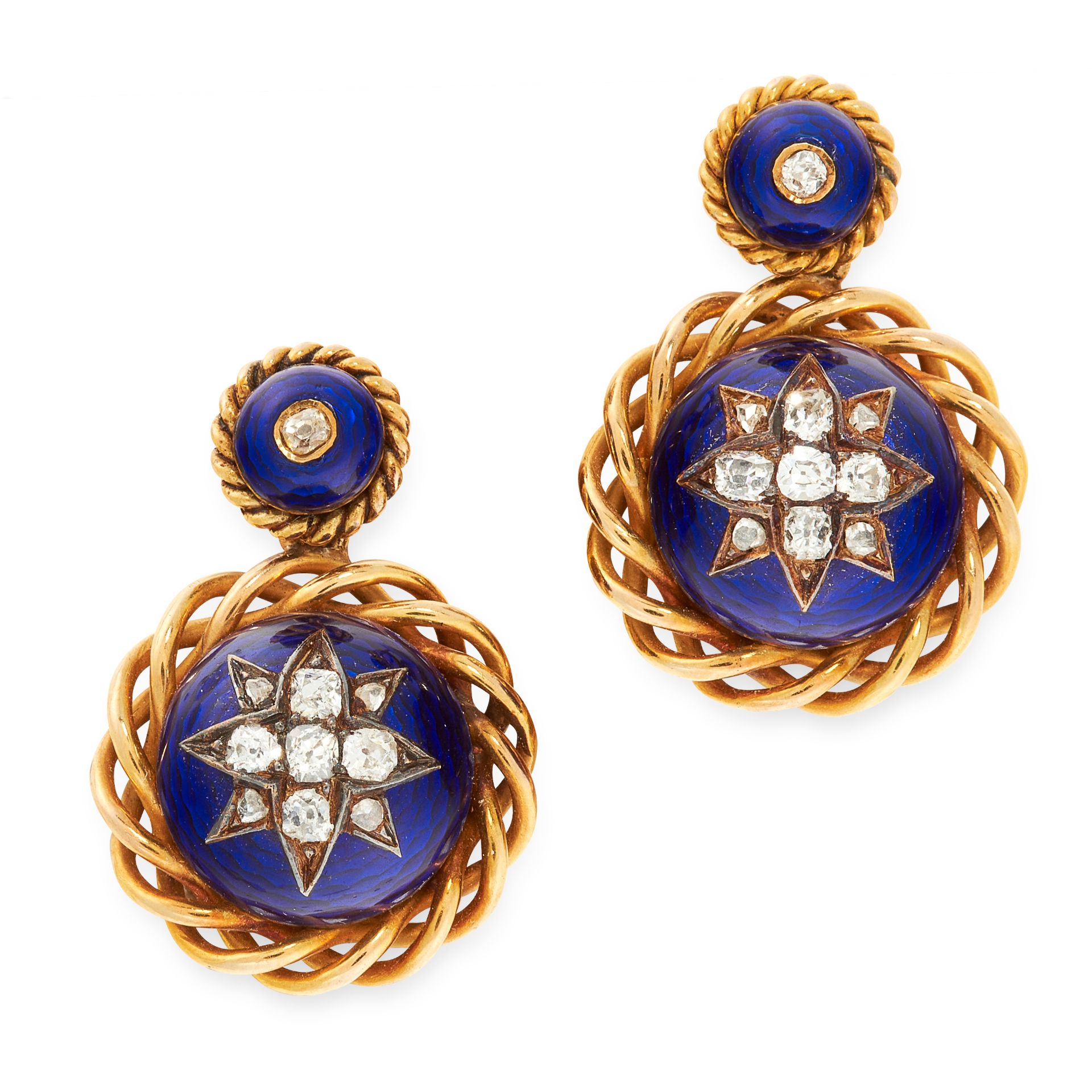 A PAIR OF ANTIQUE DIAMOND AND ENAMEL EARRINGS, 19TH CENTURY in yellow gold, each of circular design,