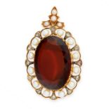 AN ANTIQUE CITRINE, PEARL AND DIAMOND PENDANT in yellow gold, set with a large oval cut citrine of