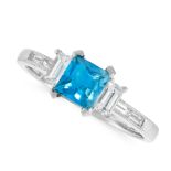 AN AQUAMARINE AND DIAMOND RING in 18ct white gold, set with a square step cut aquamarine of 0.72