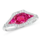 A BURMA NO HEAT RUBY AND DIAMOND RING in 18ct white gold, set with a cushion cut ruby of 1.32 carats
