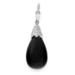 AN ONYX AND DIAMOND PENDANT set with a polished onyx drop accented by round cut diamonds,