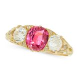 AN ANTIQUE UNHEATED RUBY AND DIAMOND RING in yellow gold, set with a cushion cut ruby of 1.02 carats