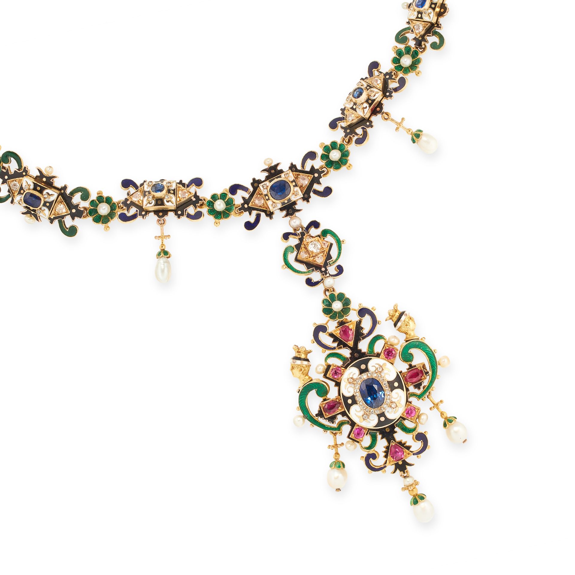 AN IMPORTANT ANTIQUE SAPPHIRE, RUBY, DIAMOND, PEARL AND ENAMEL NECKLACE AND PENDANT / BROOCH, 19TH - Bild 2 aus 2