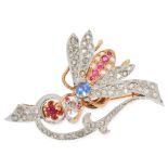 A RUBY, SAPPHIRE AND DIAMOND EN TREMBLANT BROOCH in yellow gold and silver, designed as a foliate